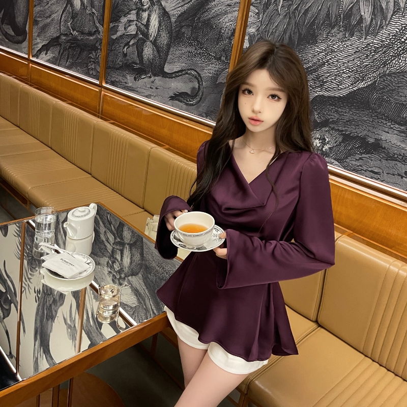 紫色缎面衬衫女夏季设计感荡领高级感气质收腰显瘦衬衣上衣女温柔