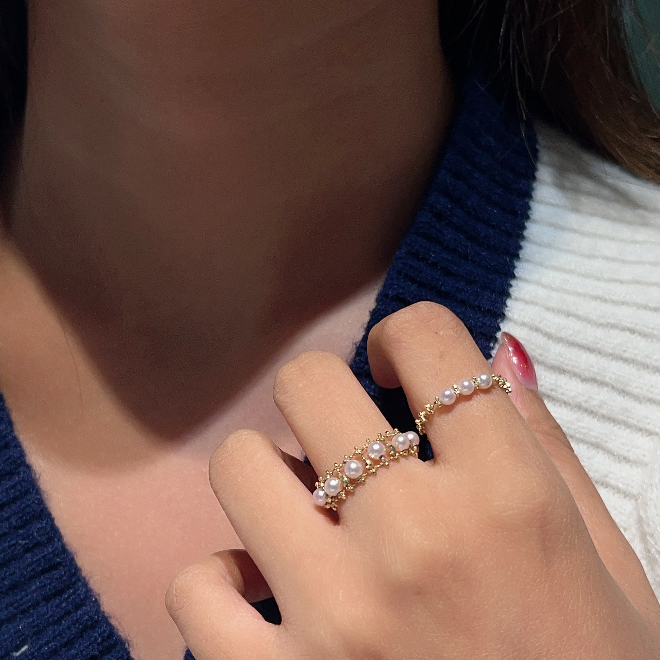 【樱吹星旋】3-3.5Akoya戒链18k金高粉亮珍珠可调节【多样性发货】