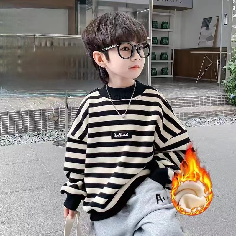 男童卫衣秋冬加绒2025新款儿童休闲运动一体绒条纹打底衫冬季男孩