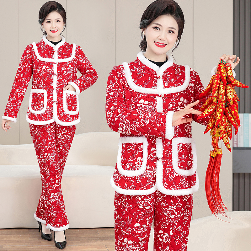 东北花棉袄两件套洋气妈妈女装秋冬加厚保暖盘扣短款外套裤子套装