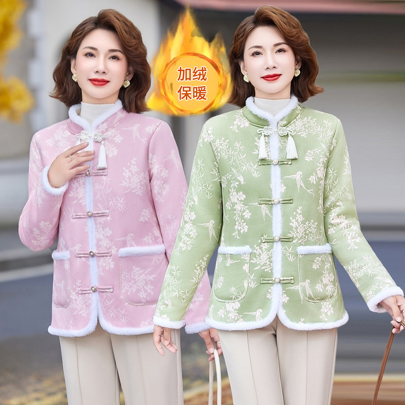 新中式妈妈冬加绒棉服时尚中年女装洋气外套国风立领盘扣上衣棉袄
