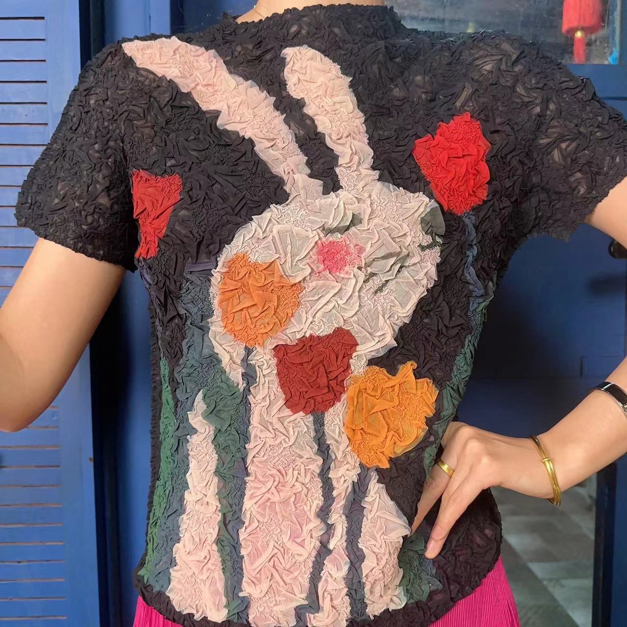 欧洲站褶皱2024春夏新爆款洋气质高档端女短款T恤QQ0505