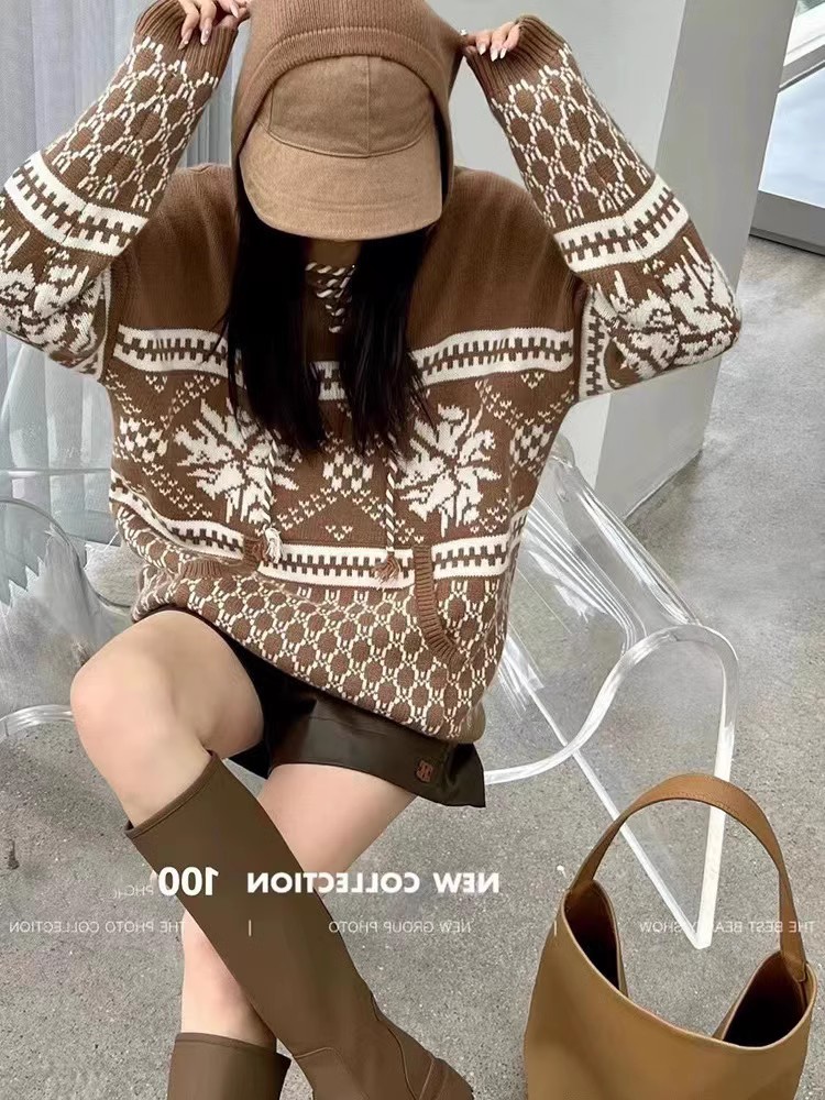 高品质！100%纯山羊绒提花休闲宽松抽绳帽衫