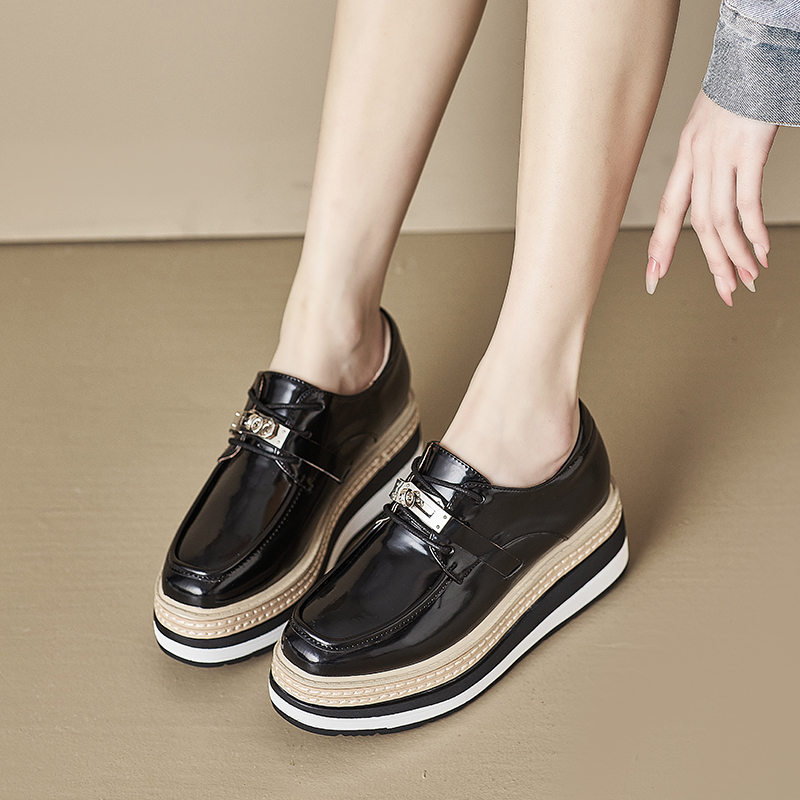 2024秋季新款韩版金属扣厚底松糕鞋系带坡跟单鞋小皮鞋英伦风百搭