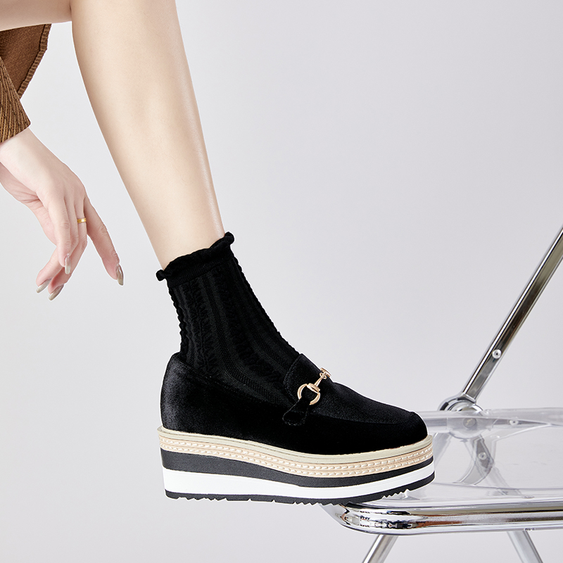 厚底松糕底2024新款女鞋秋季百搭舒适圆头套脚坡跟单鞋增高英伦风