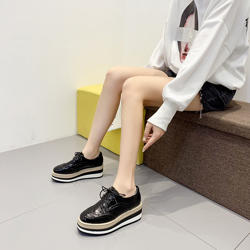 爆款2024秋季新款百搭厚底松糕鞋女系带坡跟单鞋增高鞋布洛克英伦