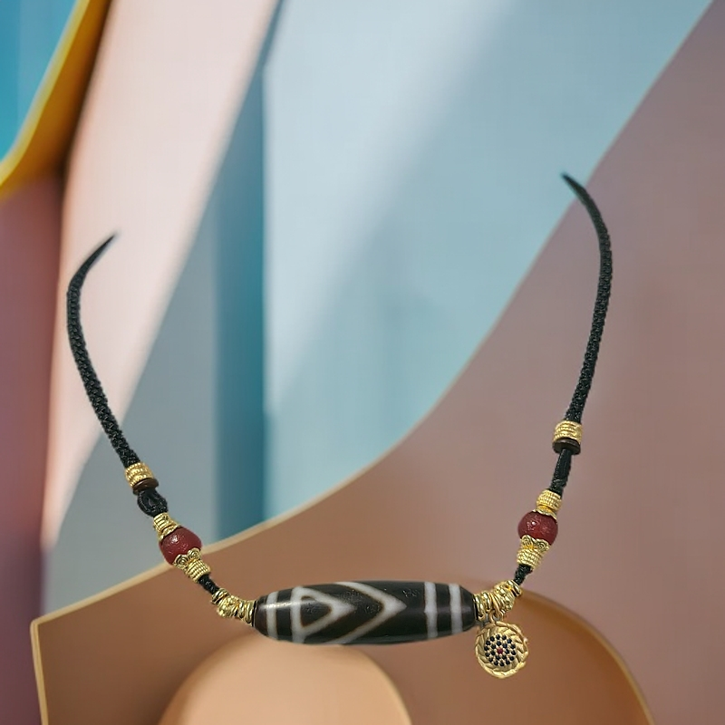 玛瑙黑白一眼双靠山锁骨链手工时尚百搭复古古法可调节情侣手编