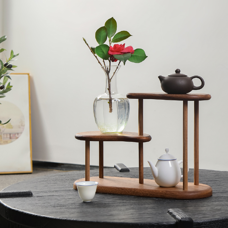 登云胡桃木茶杯架桌面景观台置物架家用创意扇形双层多用途圆形