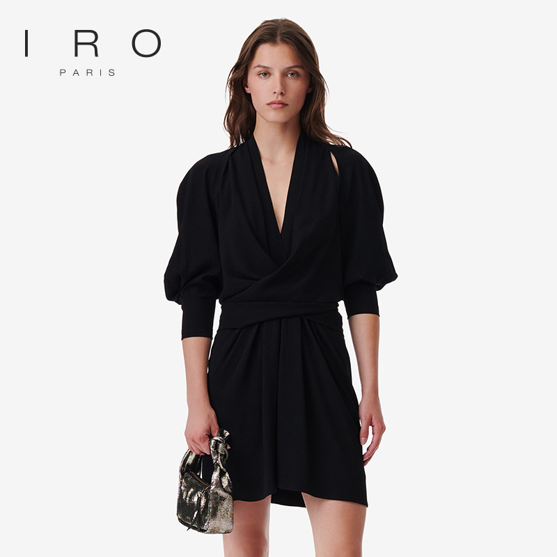 IRO Night 春秋米白色透气V领羊蹄长袖连衣裙时髦黑客allblack