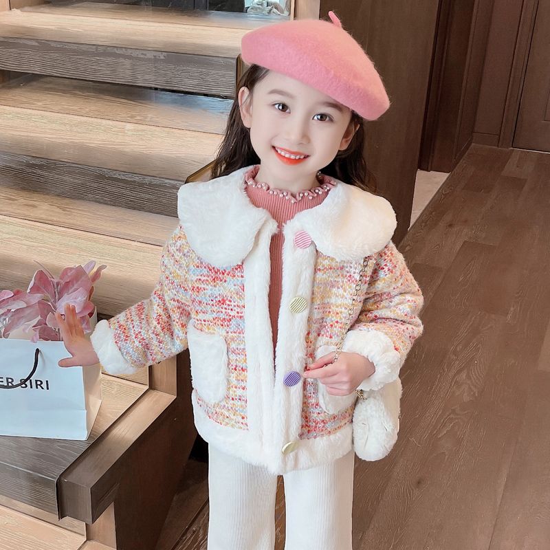 女童加厚毛绒外套秋冬款小香风女宝宝新款加绒韩版冬装上衣潮