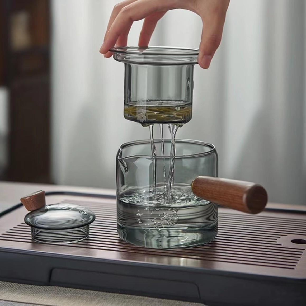 灰色黑檀木把侧把壶煮茶泡茶水分离过滤器高硼硅耐热玻璃520毫升