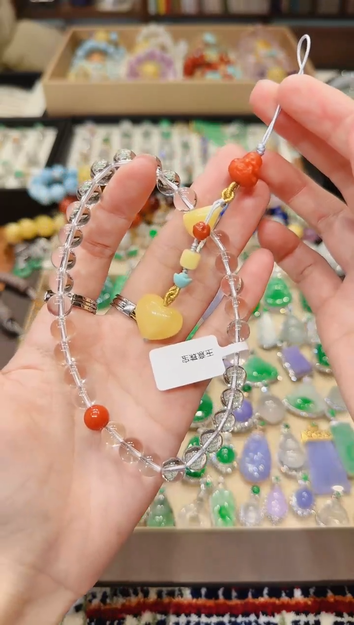 【闪购商品】水晶手机挂未镶嵌南红财神蜜蜡爱心白水晶手机挂