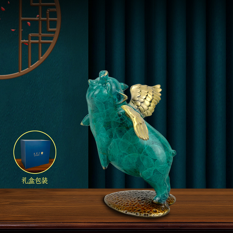 优邸意象飞猪铜摆件客厅办公室桌电视柜装饰品开业乔迁新居礼品