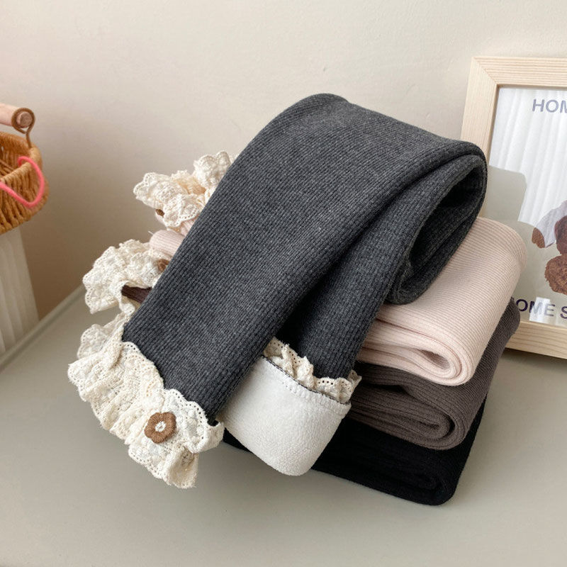 【小扬哥推荐】女童加绒打底裤洋气花边修身针织弹力黑色灰色长裤