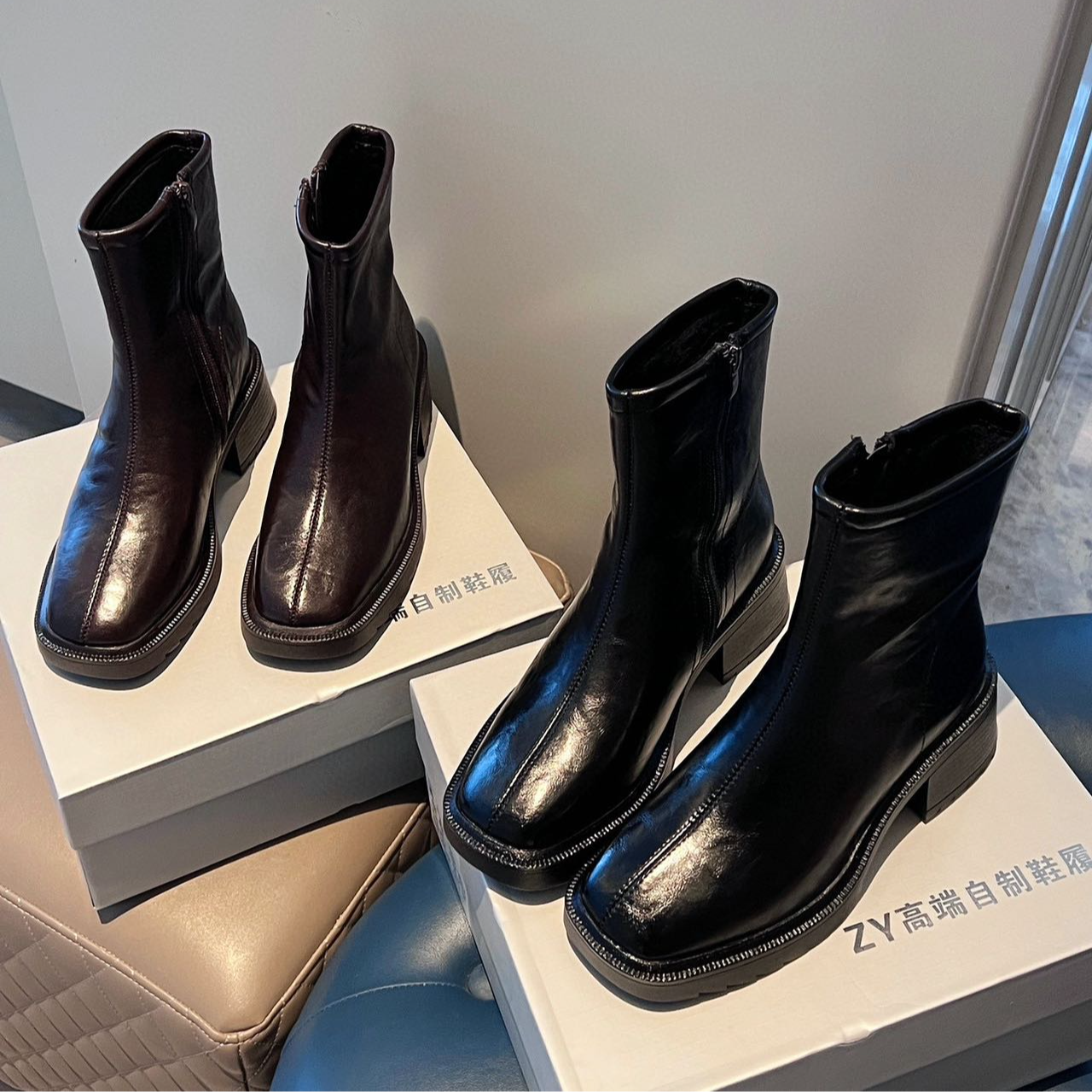 秋冬新款二棉手工定制真皮粗跟马丁靴7968-1