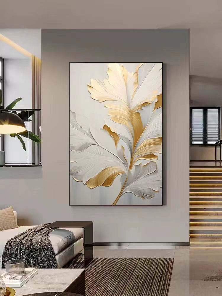 【金色叶子】客厅 玄关 轻奢手工砂岩感画，耐用肌理画芯，铝合金边框