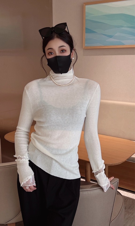 O2/欧迩新款高级气质纯色拼接高领百搭针织上衣