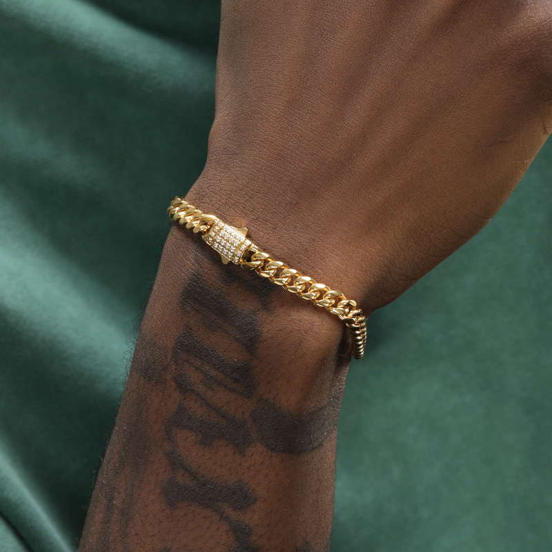 钛钢合成锆石手链 欧美金色钛钢古巴链男嘻哈银色手链女高级感ins