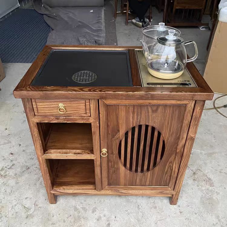 可移动榆木茶桌客厅实木茶水柜大气一体式茶桌明月茶几边柜家用