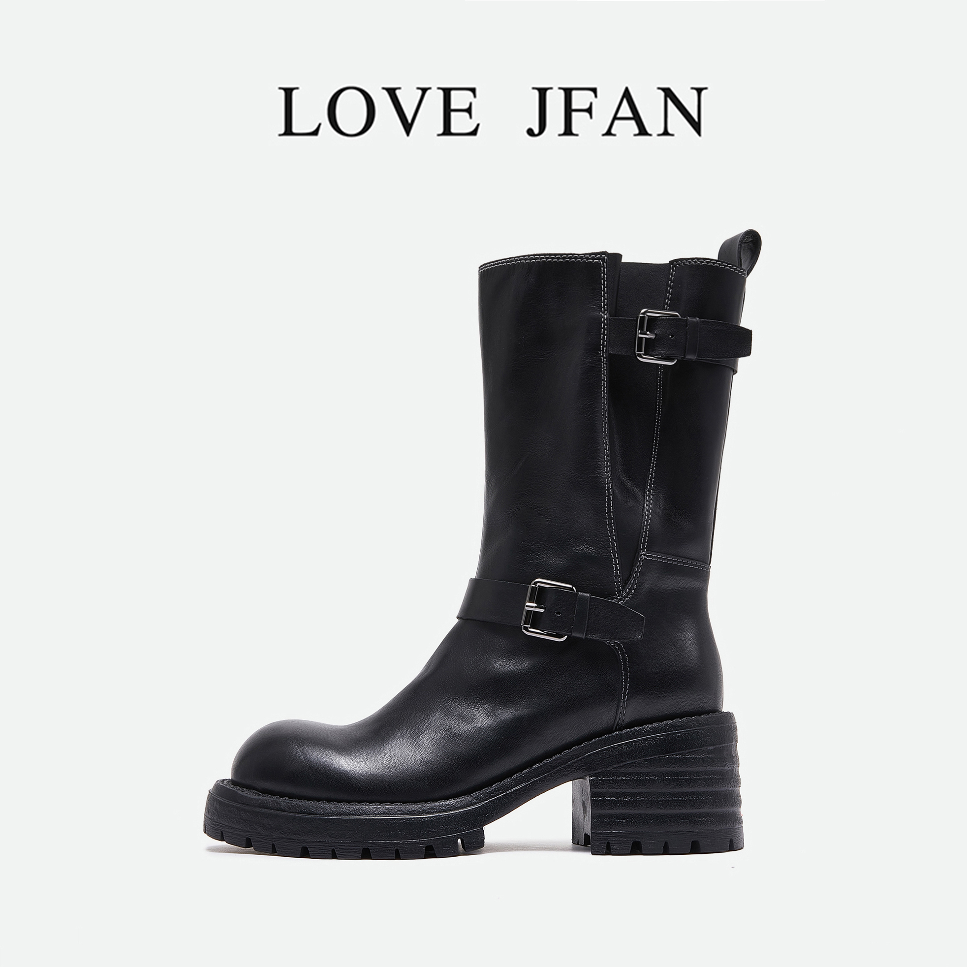 LOVE JFAN厚底中筒靴女百搭时装短靴水洗马皮骑士靴女靴