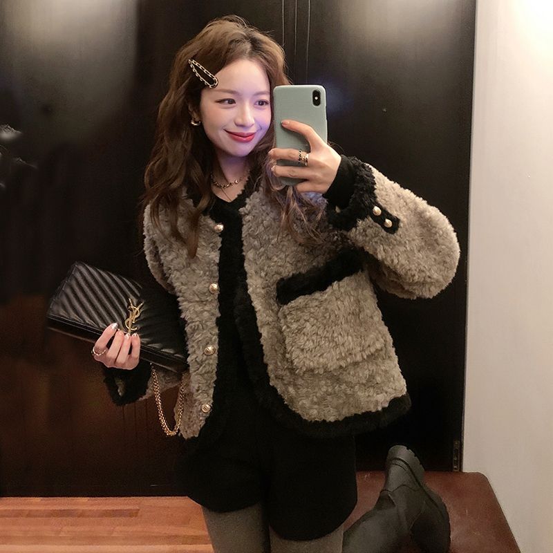 小香风外套女撞色仿獭兔毛短外套秋冬季加厚韩系轻奢上衣