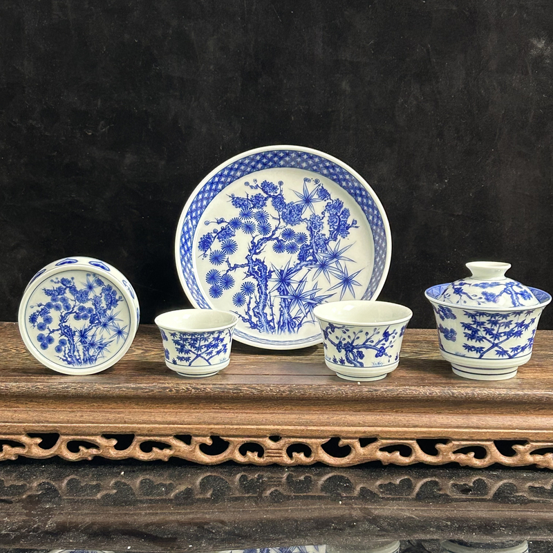 景德镇陶瓷青花瓷青花松竹梅整套茶器高端功夫茶具中式岁寒三友
