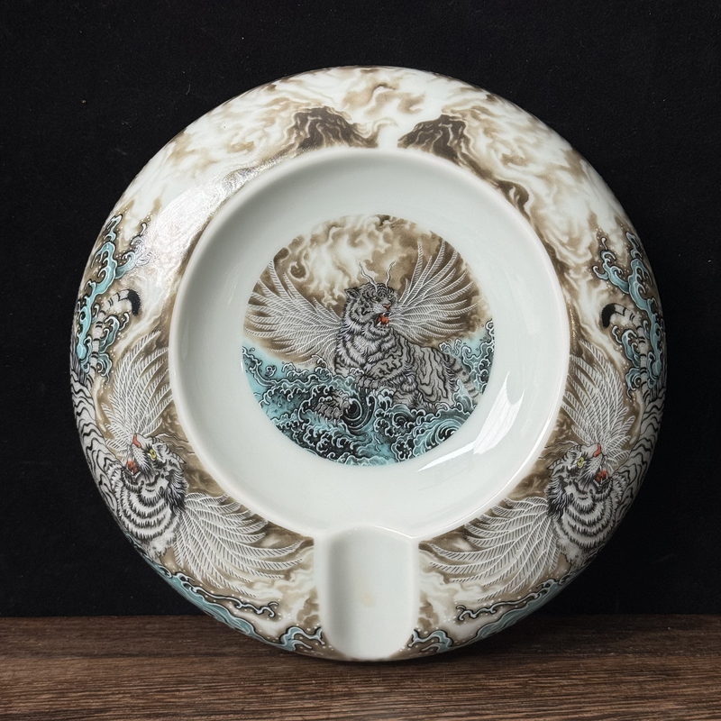 景德镇陶瓷粉彩瓷如虎添翼雪茄缸中式高端茶器摆件烟灰缸茶桌缸