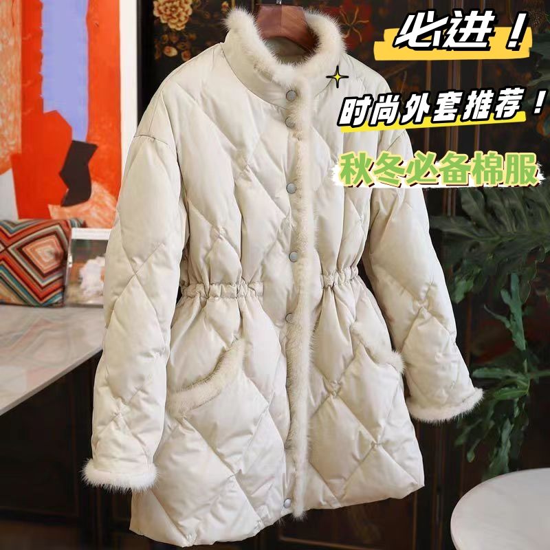 2023冬季爆款羽绒服潮长袖毛边拼接加厚收腰保暖时尚棉服外套女款
