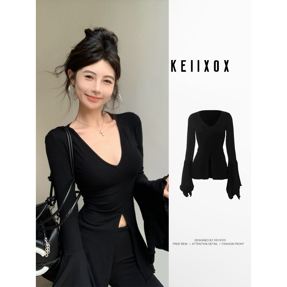 黑色V领长袖开叉T恤女早秋设计感修身显瘦别致辣妹装感绝美上衣