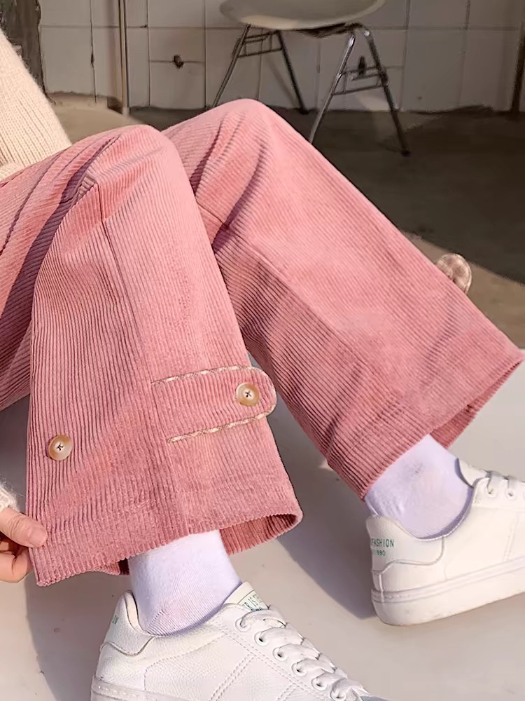 1455灯芯绒小腿明扣秋冬天高腰直筒宽松加绒粉色条绒阔腿裤小香风