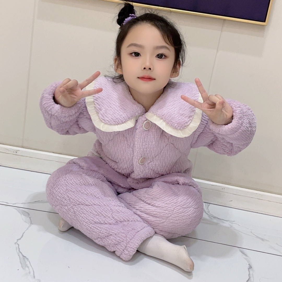 笆曼子冬季女童夹棉睡衣超厚加绒简约可爱三层夹棉保暖家居服套装