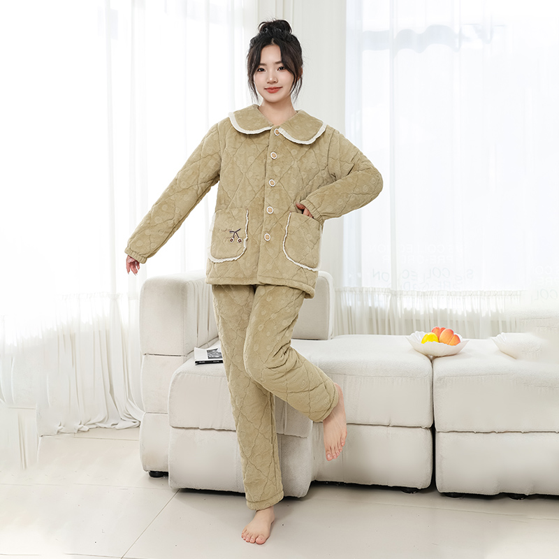 笆曼子冬季女士2025夹棉新款睡衣加绒加厚简约方领保暖家居服套装