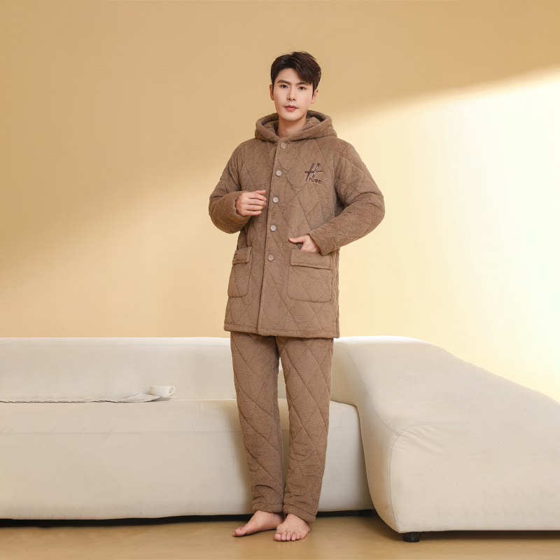 笆曼子睡衣冬季连帽男士三层夹棉加绒加厚保暖简约大码家居服套装