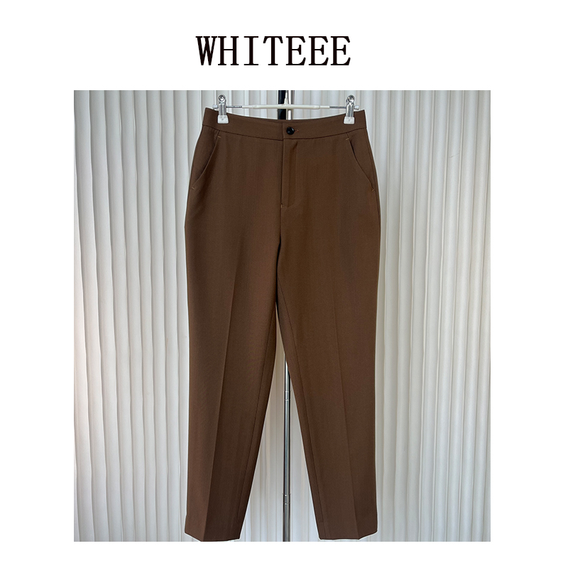 “精致利落”春秋薄款咖色西装烟管裤 胯大福音 中腰通勤九分小脚裤