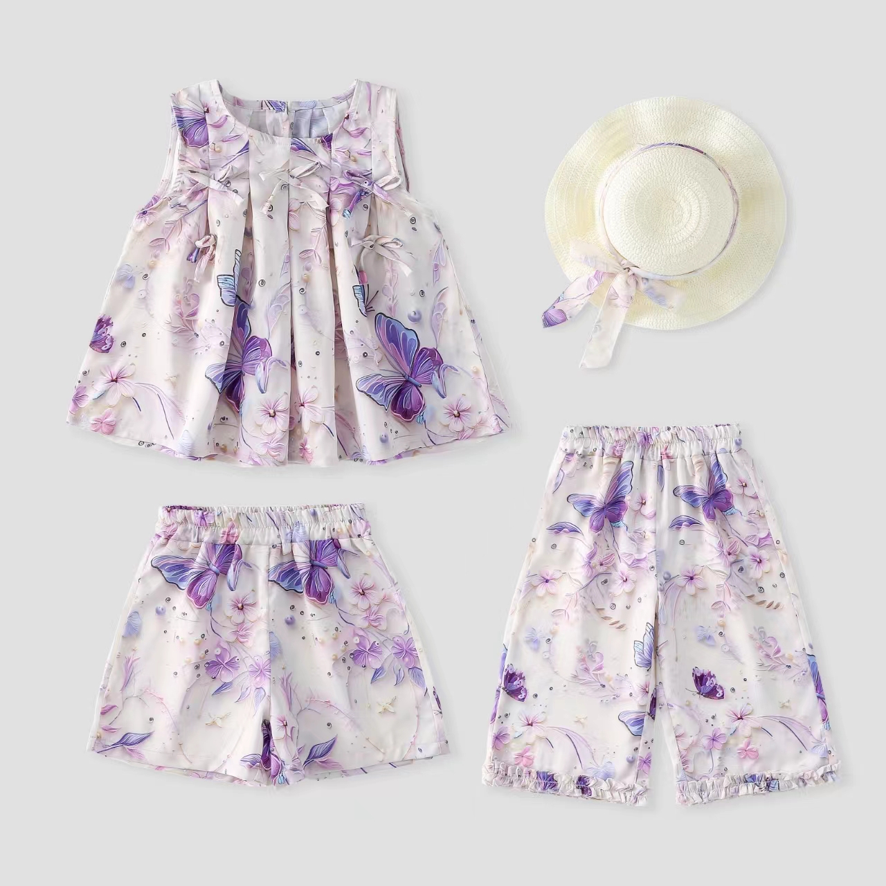 2024夏季女童薄款印花小中大童满印紫色碎花时尚套装3件女宝洋气