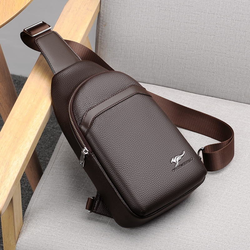 度森袋鼠新款时尚胸包男真皮头层牛皮单肩斜挎休闲软皮斜挎胸前包