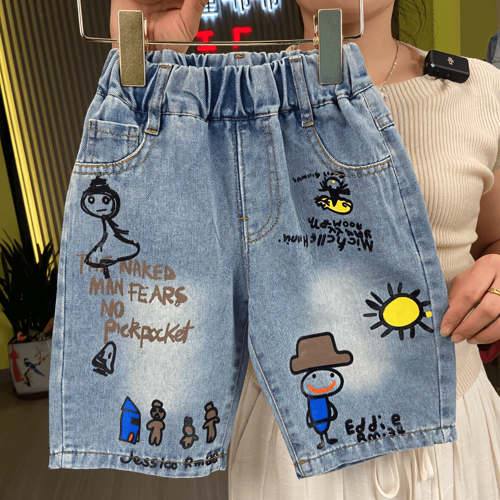 儿童五分牛仔裤男童夏季薄款夏装柔软中裤男宝宝哈伦裤子潮牌休闲