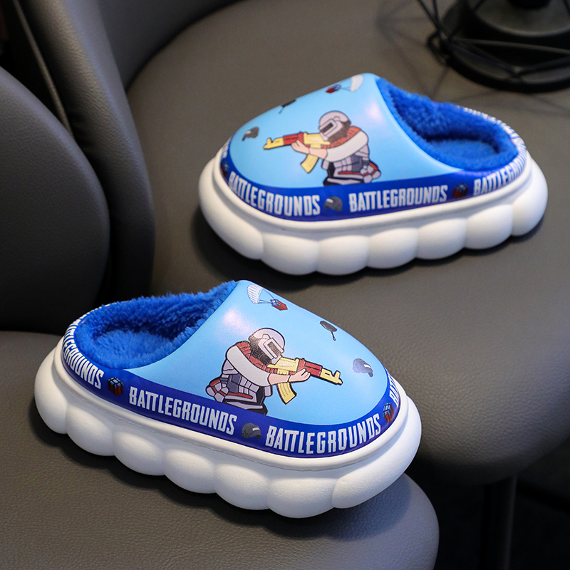 儿童棉拖鞋冬季加绒加厚pu皮防水防滑软底卡通男女宝宝亲子鞋