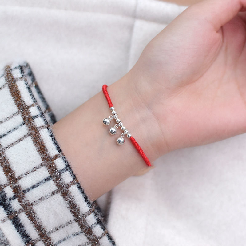925银手链 925纯银转运珠铃铛手工编织红绳手链女小众设计红手绳