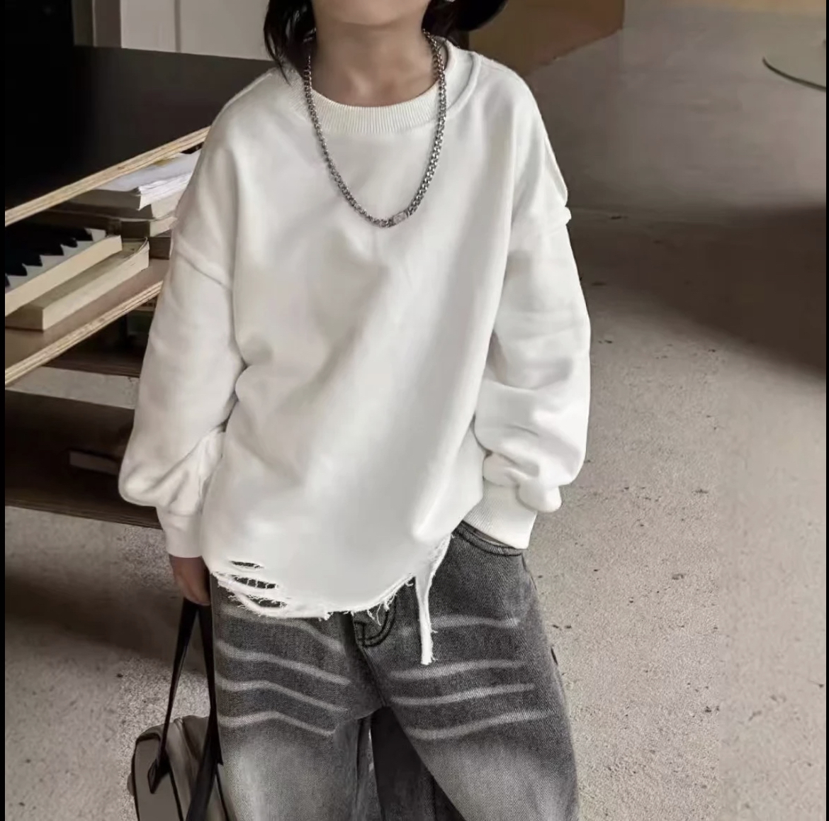 【磨毛加厚】儿童时尚外翻白色加厚打底衫秋冬百搭长袖宽松休闲