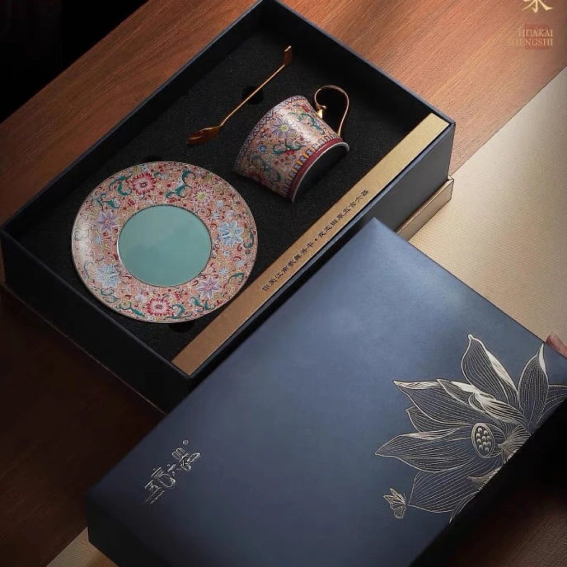 五言六器花开盛世手工珐琅彩咖啡杯套装∮9.5*h5.5碟15.5高档复古 