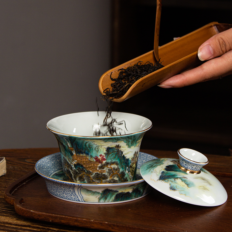 景德镇珐琅彩山水三才盖碗不烫手泡茶碗家用陶瓷功夫茶具高档中式