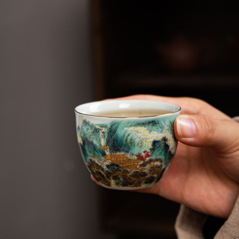 珐琅彩山水主人杯家用景德镇陶瓷大号描金白瓷复古中式品茗茶杯