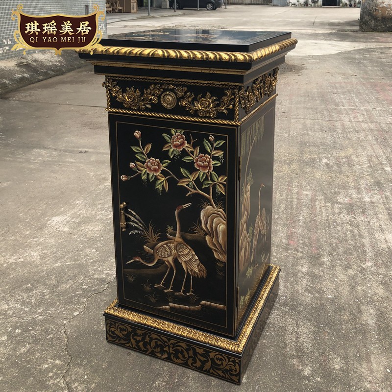 中式新古典一斗单门花几欧式金箔手绘仙鹤花架美式别墅实木方几
