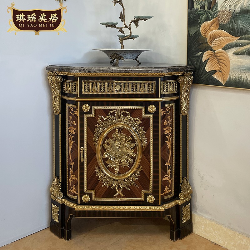 欧式奢华金箔彩绘装饰柜亚历山大风纯铜雕花玄关柜别墅实木角柜