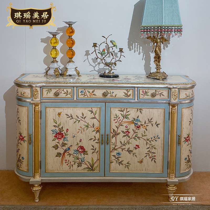 美式古典艺术手绘花鸟玄关柜餐边柜法式奢华半圆柜装饰柜入户鞋柜
