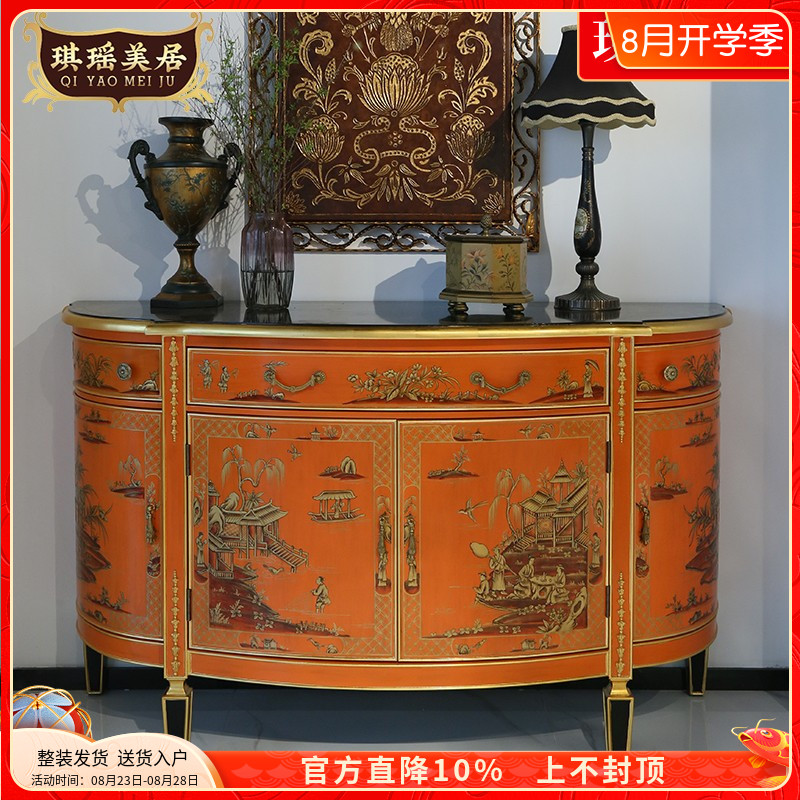 美式古典蓝色花鸟玄关柜欧式彩绘金箔装饰柜实木餐边柜法式门厅柜