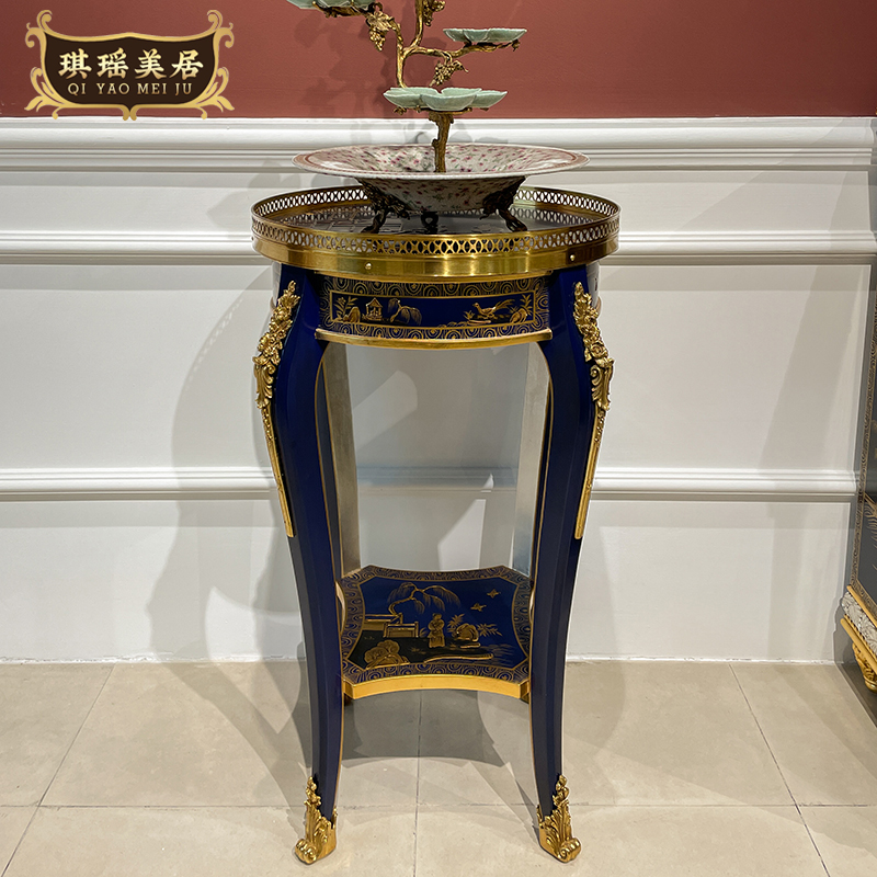 中式新古典圆几欧式奢华金箔彩绘装饰花架法式蓝色纯铜配饰小灯台
