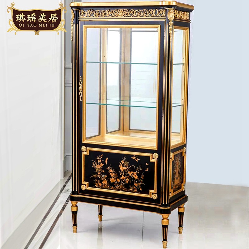 法式黑色纯铜配饰酒柜欧式奢华金箔彩绘展示柜亚历山大书柜大厅柜