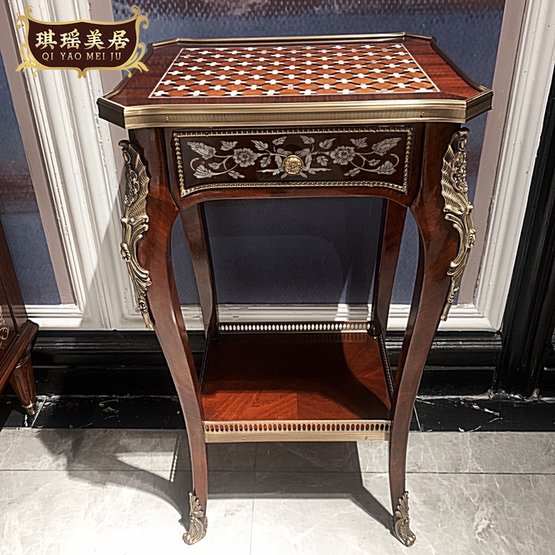 英式古典艺术贝壳拼花角几亚历山大桃花心木纯铜装饰边几花架几
